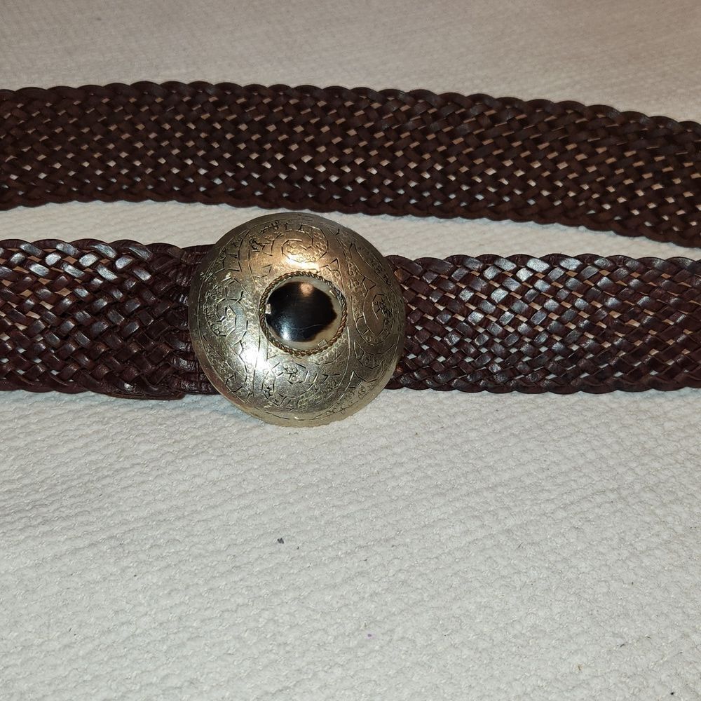 Anthropologie Motiv 56 brown leather braided belt with round engraved buckle